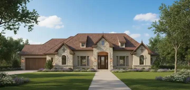French Country house plans 19-506 - front exterior, 3,706 sq ft, 4 bed, 4 bath house plans | Monster House Plans