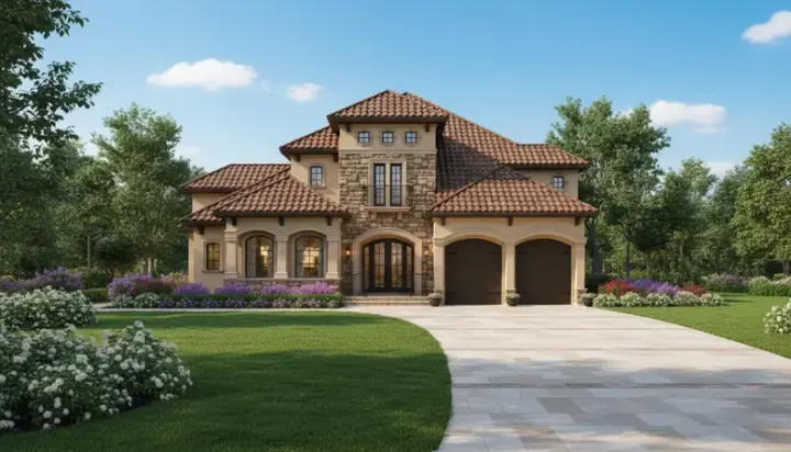 Tuscan house plans 19-523 - front exterior, 4,332 sq ft, 4 bed, 3 bath house plans | Monster House Plans