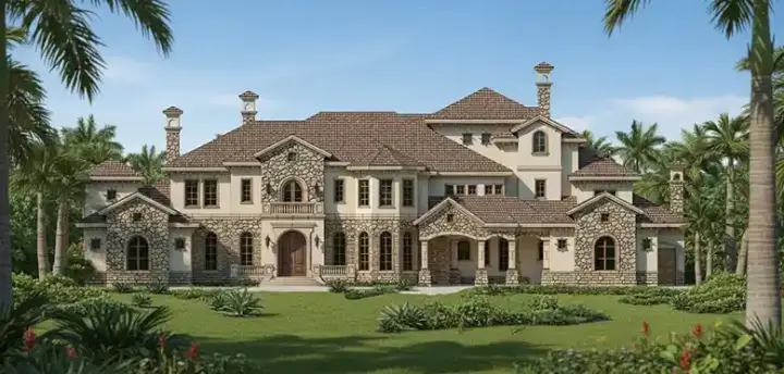 Tuscan house plans 19-544 - front exterior, 9,504 sq ft, 6 bed, 7 bath house plans | Monster House Plans