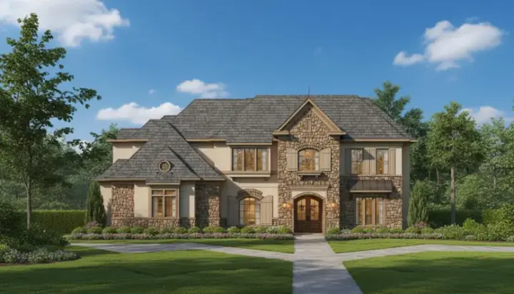 French Country house plans 19-618 - front exterior, 5,640 sq ft, 5 bed, 4 bath house plans | Monster House Plans