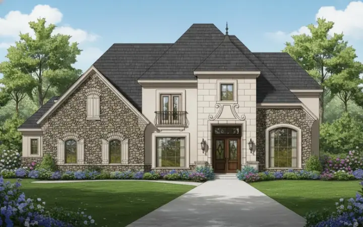 European house plans 19-621 - front exterior, 4,452 sq ft, 4 bed, 3 bath house plans | Monster House Plans