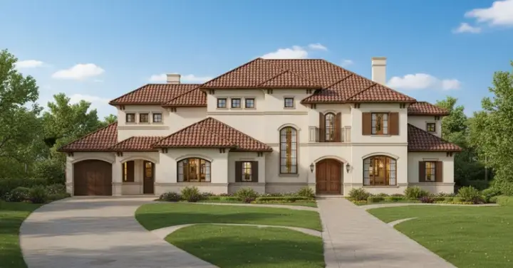 Mediterranean house plans 19-641 - front exterior, 6,352 sq ft, 5 bed, 5 bath house plans | Monster House Plans