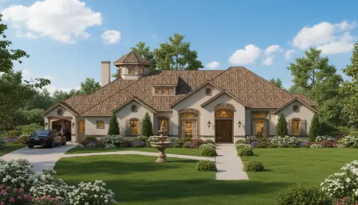French Country house plans 19-735 - front exterior, 5,101 sq ft, 4 bed, 4 bath house plans | Monster House Plans