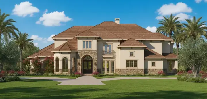 Tuscan house plans 19-983 - front exterior, 5,503 sq ft, 5 bed, 6 bath house plans | Monster House Plans