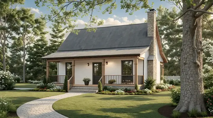 Country house plans 2-107 - front exterior, 600 sq ft, 1 bed, 1 bath house plans | Monster House Plans