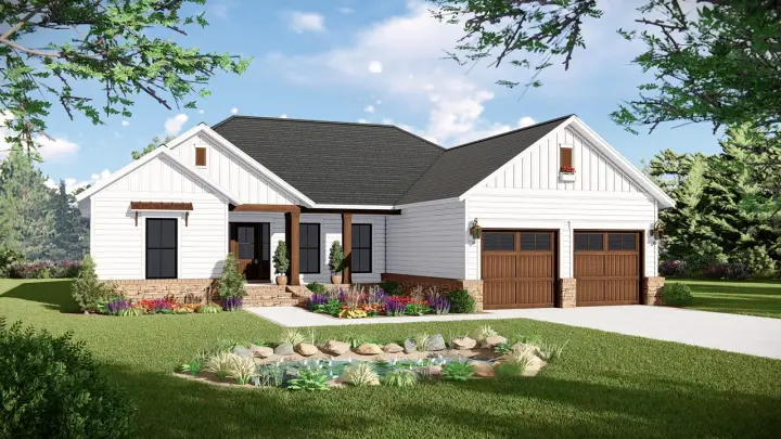 Ranch house plans 2-401 - front exterior, 1,600 sq ft, 3 bed, 2 bath house plans | Monster House Plans