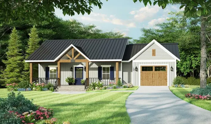 Farmhouse house plans 2-409 - front exterior, 945 sq ft, 1 bed, 1 bath house plans | Monster House Plans