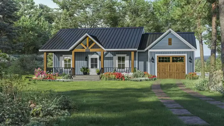 Modern Farmhouse house plans 2-420 - front exterior, 964 sq ft, 1 bed, 1 bath house plans | Monster House Plans