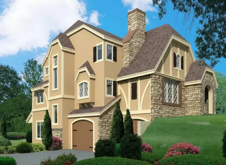 European house plans 21-628 - front exterior, 2,199 sq ft, 2 bed, 3 bath house plans | Monster House Plans