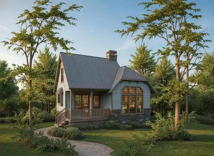 Country house plans 22-103 - front exterior, 828 sq ft, 2 bed, 1 bath house plans | Monster House Plans