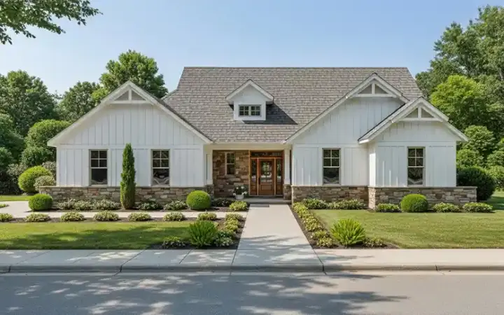 Farmhouse house plans 23-581 - front exterior, 1,647 sq ft, 3 bed, 2 bath house plans | Monster House Plans