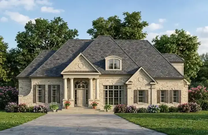 European house plans 24-101 - front exterior, 2,571 sq ft, 3 bed, 3 bath house plans | Monster House Plans