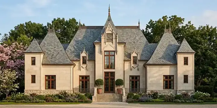 European house plans 24-138 - front exterior, 4,458 sq ft, 4 bed, 4 bath house plans | Monster House Plans