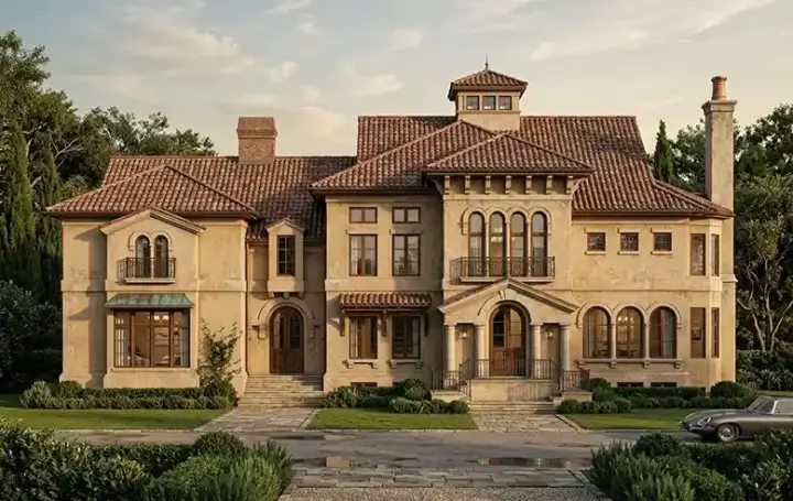 European house plans 24-184 - front exterior, 4,429 sq ft, 4 bed, 4 bath house plans | Monster House Plans