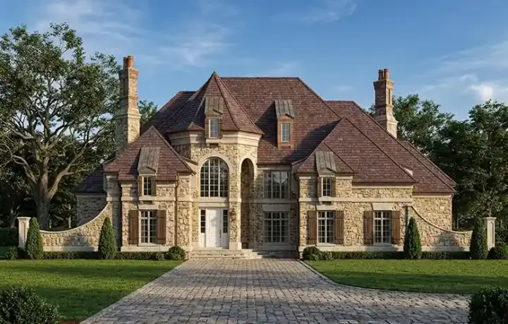 European house plans 24-259 - front exterior, 4,140 sq ft, 4 bed, 4 bath house plans | Monster House Plans