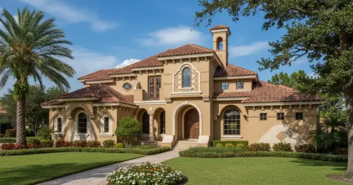 Spanish house plans 28-105 - front exterior, 6,409 sq ft, 5 bed, 5 bath house plans | Monster House Plans