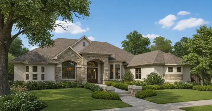 French Country house plans 28-116 - front exterior, 3,166 sq ft, 4 bed, 4 bath house plans | Monster House Plans