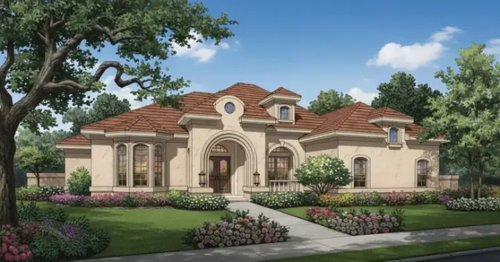 European house plans 28-123 - front exterior, 3,066 sq ft, 4 bed, 4 bath house plans | Monster House Plans