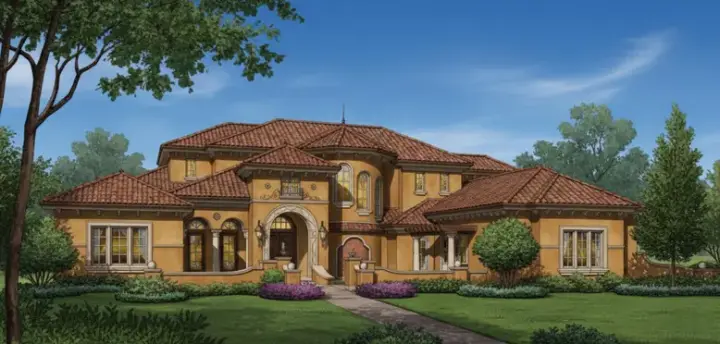 Spanish house plans 28-139 - front exterior, 6,593 sq ft, 4 bed, 5 bath house plans | Monster House Plans