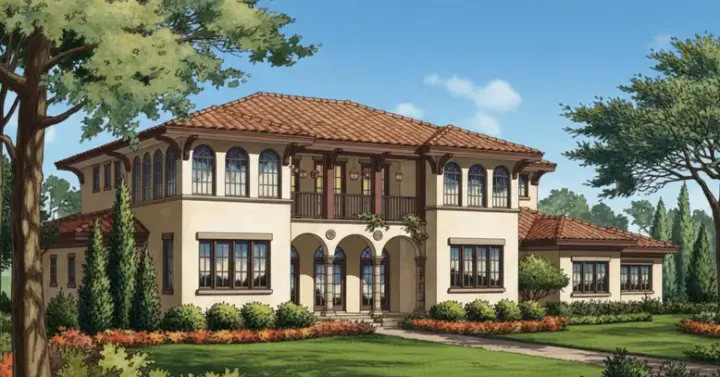 Spanish house plans 28-140 - front exterior, 7,058 sq ft, 5 bed, 5 bath house plans | Monster House Plans