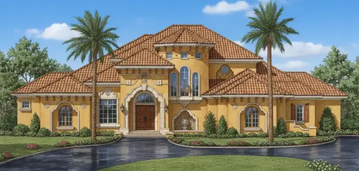Spanish house plans 28-146 - front exterior, 6,937 sq ft, 5 bed, 5 bath house plans | Monster House Plans