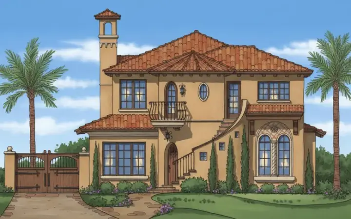 Spanish house plans 28-150 - front exterior, 3,455 sq ft, 4 bed, 3 bath house plans | Monster House Plans