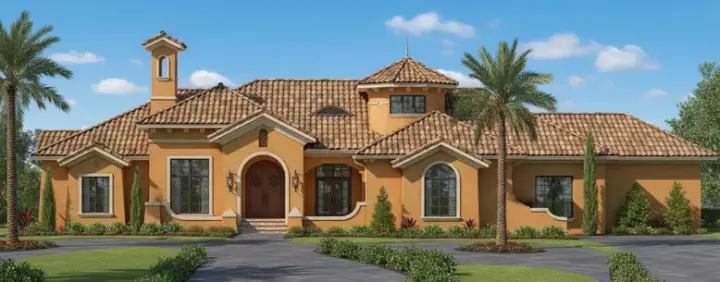 Spanish house plans 28-154 - front exterior, 5,299 sq ft, 4 bed, 4 bath house plans | Monster House Plans