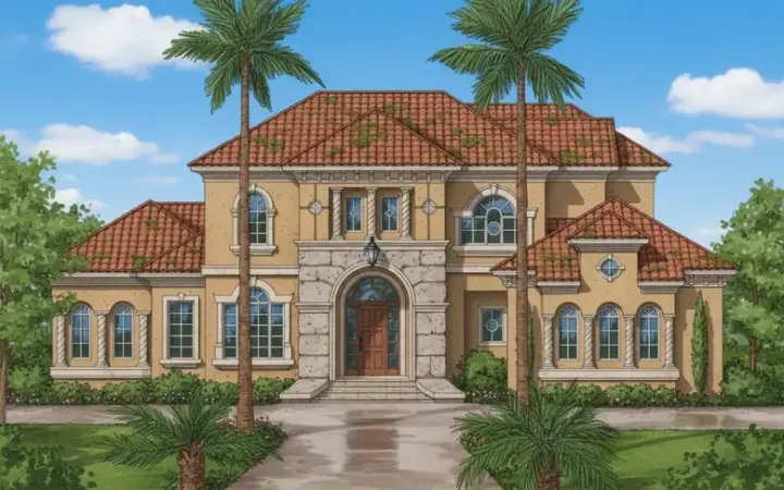 Spanish house plans 28-155 - front exterior, 5,826 sq ft, 3 bed, 3 bath house plans | Monster House Plans