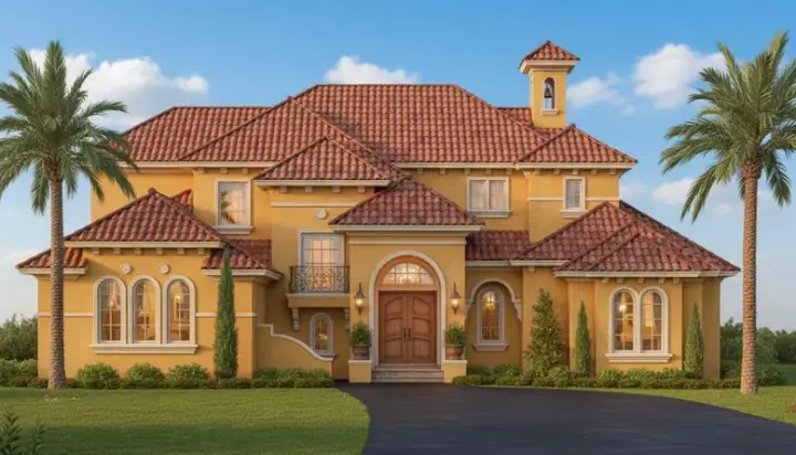 Spanish house plans 28-157 - front exterior, 6,910 sq ft, 4 bed, 5 bath house plans | Monster House Plans