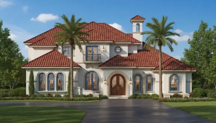 Mediterranean house plans 28-158 - front exterior, 6,199 sq ft, 4 bed, 5 bath house plans | Monster House Plans