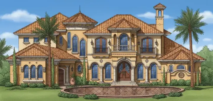 Spanish house plans 28-159 - front exterior, 6,524 sq ft, 5 bed, 5 bath house plans | Monster House Plans