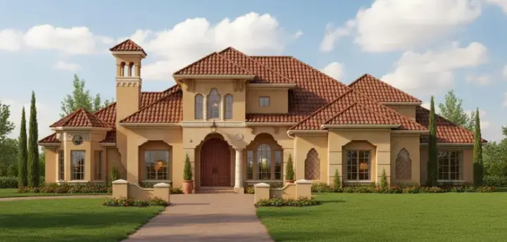 Spanish house plans 28-177 - front exterior, 4,561 sq ft, 5 bed, 4 bath house plans | Monster House Plans