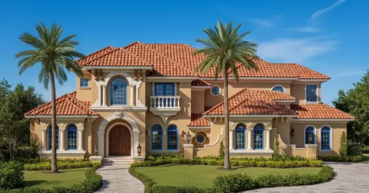 Spanish house plans 28-202 - front exterior, 6,782 sq ft, 6 bed, 5 bath house plans | Monster House Plans