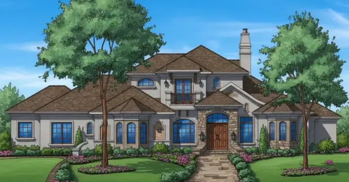 French Country house plans 28-206 - front exterior, 5,952 sq ft, 5 bed, 4 bath house plans | Monster House Plans
