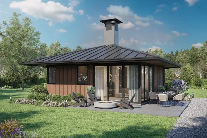 Modern house plans 29-104 - front exterior, 576 sq ft, 2 bed, 1 bath house plans | Monster House Plans