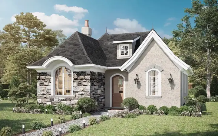 European house plans 29-110 - front exterior, 899 sq ft, 1 bed, 1 bath house plans | Monster House Plans