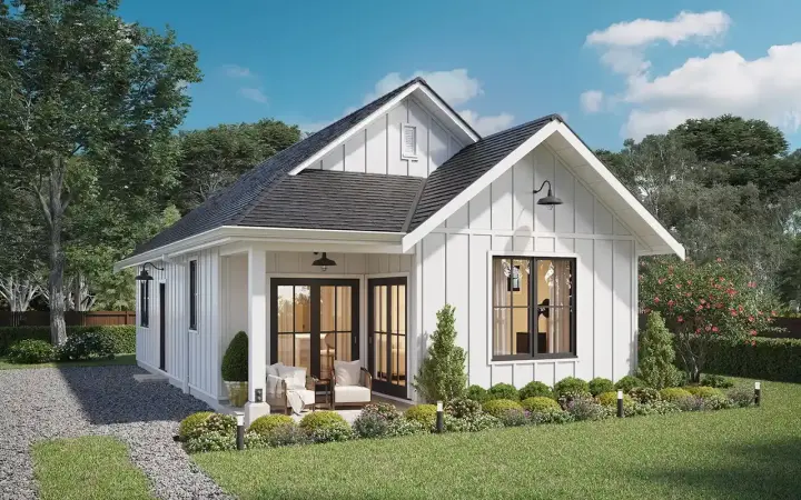 Modern Farmhouse house plans 29-175 - front exterior, 897 sq ft, 2 bed, 2 bath house plans | Monster House Plans