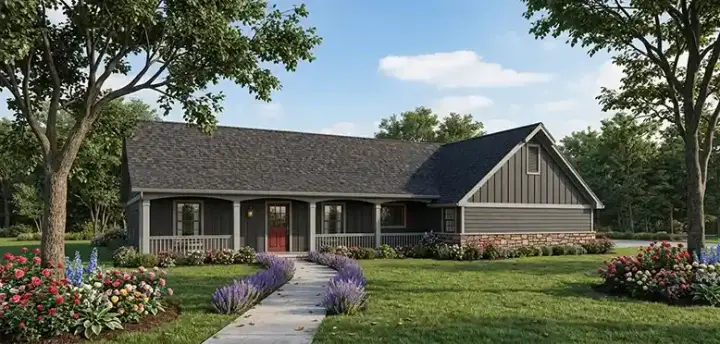 Ranch house plans 30-154 - front exterior, 1,418 sq ft, 3 bed, 2 bath house plans | Monster House Plans