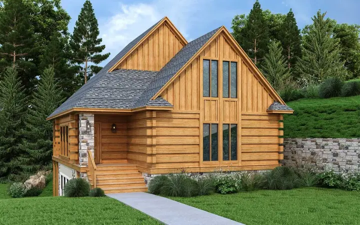 Log Cabin house plans 30-447 - front exterior, 1,550 sq ft, 3 bed, 2 bath house plans | Monster House Plans