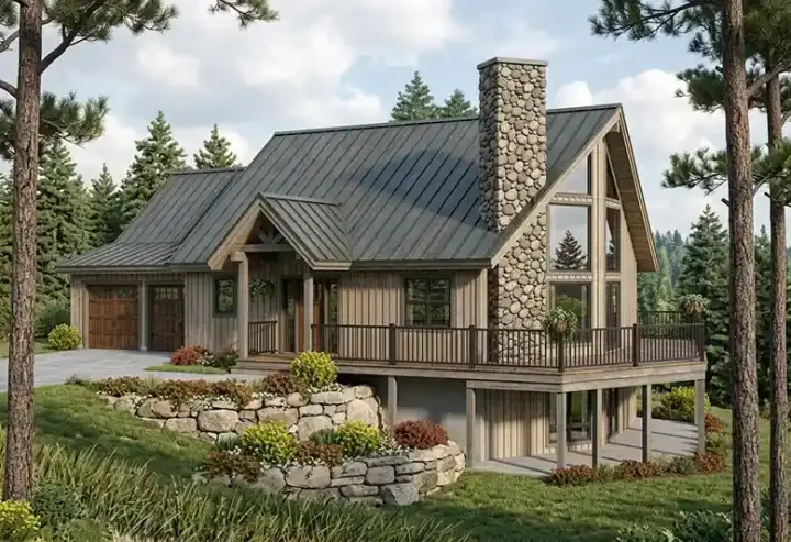 Mountain Rustic house plans 32-117 - front exterior, 1,489 sq ft, 2 bed, 2 bath house plans | Monster House Plans