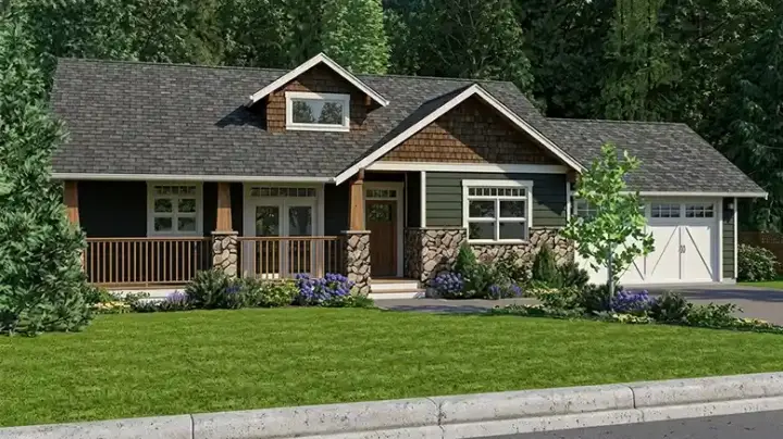 Craftsman house plans 32-127 - front exterior, 1,497 sq ft, 2 bed, 2 bath house plans | Monster House Plans