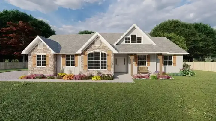 Ranch house plans 32-153 - front exterior, 2,093 sq ft, 4 bed, 2 bath house plans | Monster House Plans