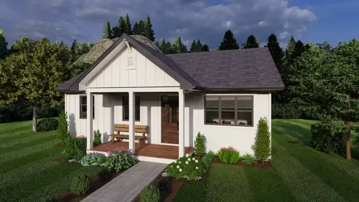 Country house plans 32-185 - front exterior, 936 sq ft, 2 bed, 1 bath house plans | Monster House Plans