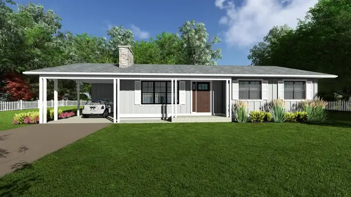 Ranch house plans 32-195 - front exterior, 1,273 sq ft, 3 bed, 2 bath house plans | Monster House Plans