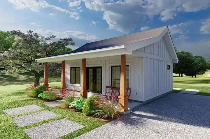 Accessory Dwelling Unit house plans 32-219 - front exterior, 476 sq ft, 1 bed, 1 bath house plans | Monster House Plans