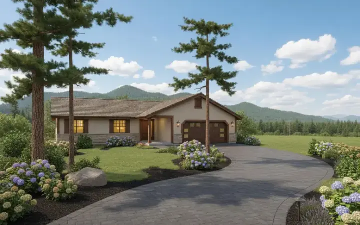 Northwest house plans 33-412 - front exterior, 1,309 sq ft, 3 bed, 2 bath house plans | Monster House Plans
