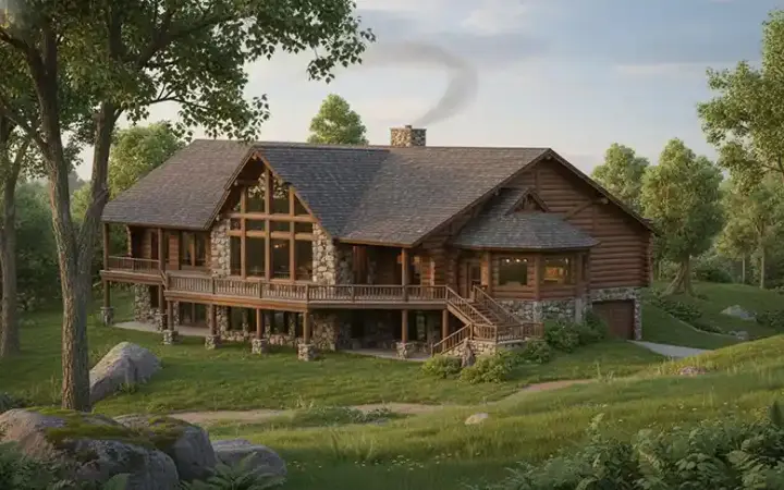 Log Cabin house plans 34-105 - front exterior, 3,649 sq ft, 4 bed, 2 bath house plans | Monster House Plans