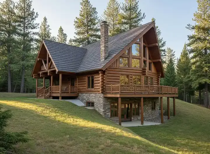 Log Cabin house plans 34-113 - front exterior, 3,725 sq ft, 6 bed, 3 bath house plans | Monster House Plans