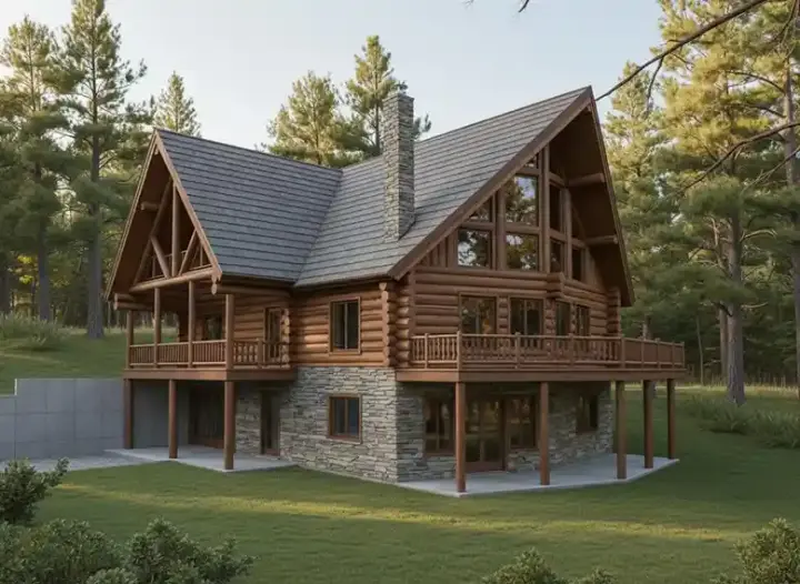 Log Cabin house plans 34-114 - front exterior, 3,725 sq ft, 4 bed, 2 bath house plans | Monster House Plans
