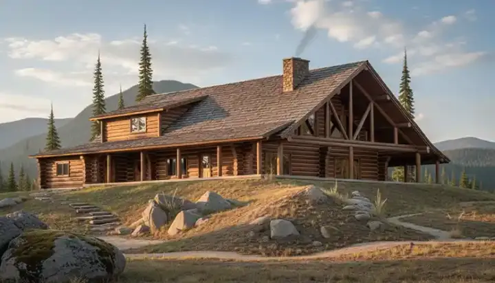 Log Cabin house plans 34-116 - front exterior, 2,696 sq ft, 3 bed, 3 bath house plans | Monster House Plans